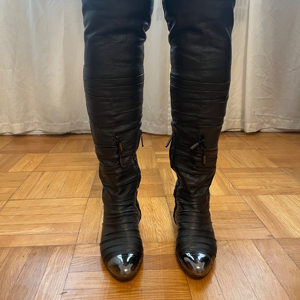 Over-the-Knee Leather Boots – Black with Metallic Cap Toe – Size 39